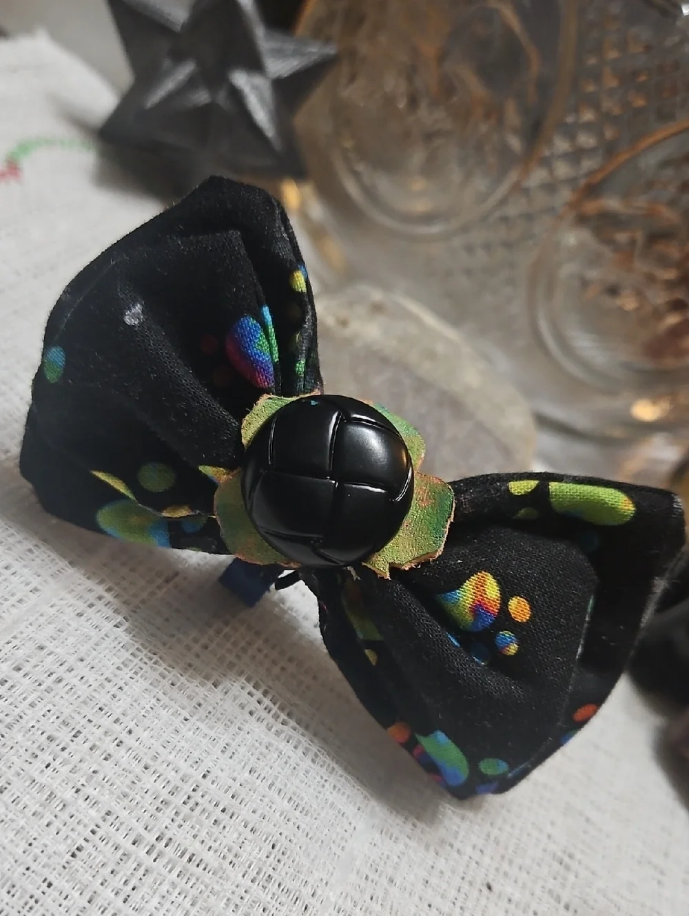 Handmade Black Dog Collar Bow Tie Neon Paw Prints Black Button NEW